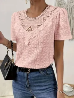 Women's T Shirt Plain Fashion Modern Casual Short Sleeve Crew Neck Regular Tops Daily Weekend Lace Patchwork Black White Pink Blue Khaki Summer