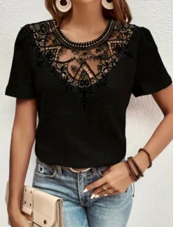 Women's T Shirt Plain Fashion Modern Casual Short Sleeve Crew Neck Regular Tops Daily Weekend Lace Patchwork Black White Pink Blue Khaki Summer
