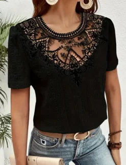 Women's T Shirt Plain Fashion Modern Casual Short Sleeve Crew Neck Regular Tops Daily Weekend Lace Patchwork Black White Pink Blue Khaki Summer