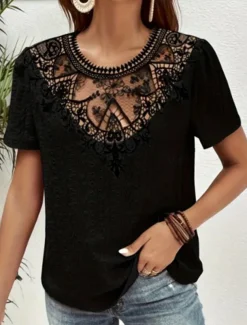Women's T Shirt Plain Fashion Modern Casual Short Sleeve Crew Neck Regular Tops Daily Weekend Lace Patchwork Black White Pink Blue Khaki Summer