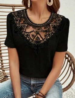 Women's T Shirt Plain Fashion Modern Casual Short Sleeve Crew Neck Regular Tops Daily Weekend Lace Patchwork Black White Pink Blue Khaki Summer