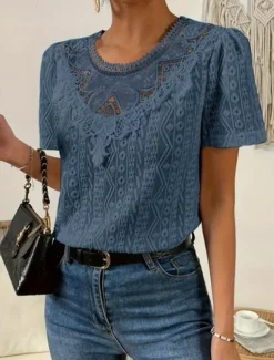 Women's T Shirt Plain Fashion Modern Casual Short Sleeve Crew Neck Regular Tops Daily Weekend Lace Patchwork Black White Pink Blue Khaki Summer