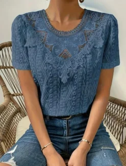 Women's T Shirt Plain Fashion Modern Casual Short Sleeve Crew Neck Regular Tops Daily Weekend Lace Patchwork Black White Pink Blue Khaki Summer