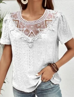 Women's T Shirt Plain Fashion Modern Casual Short Sleeve Crew Neck Regular Tops Daily Weekend Lace Patchwork Black White Pink Blue Khaki Summer