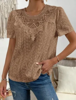 Women's T Shirt Plain Fashion Modern Casual Short Sleeve Crew Neck Regular Tops Daily Weekend Lace Patchwork Black White Pink Blue Khaki Summer