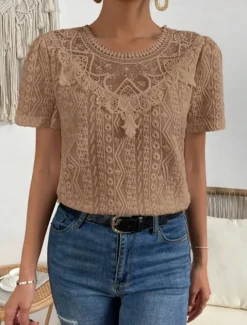 Women's T Shirt Plain Fashion Modern Casual Short Sleeve Crew Neck Regular Tops Daily Weekend Lace Patchwork Black White Pink Blue Khaki Summer