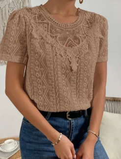 Women's T Shirt Plain Fashion Modern Casual Short Sleeve Crew Neck Regular Tops Daily Weekend Lace Patchwork Black White Pink Blue Khaki Summer