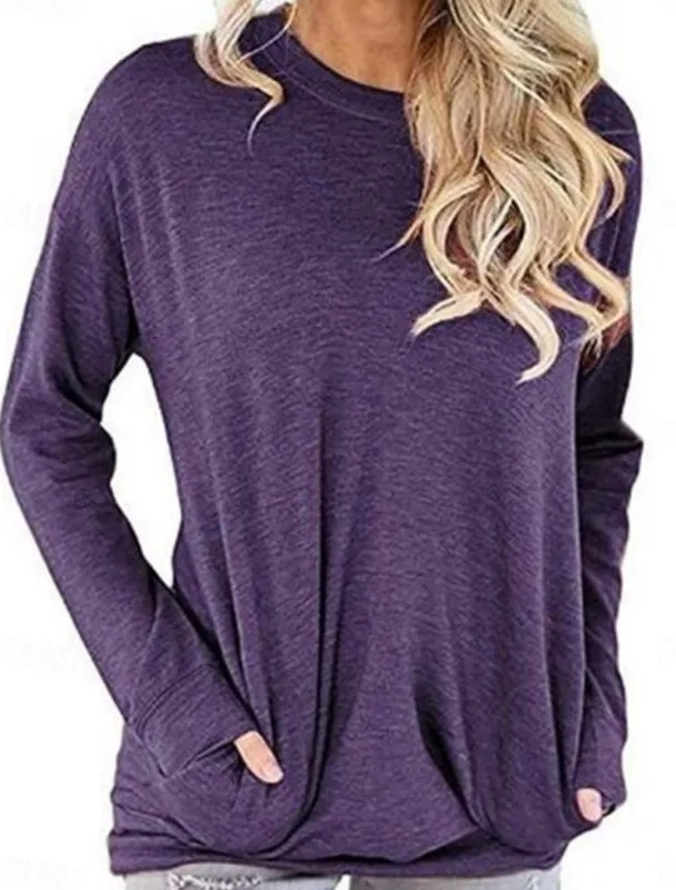 Women's T Shirt Plain Stylish Classic Modern Short Sleeve Crew Neck Regular Tops Daily Weekend Pocket Red Blue Purple Gray Summer Spring Fall