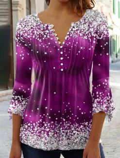 Women's T Shirt Plus Size Shirt T Shirt Henley Shirt Blouse Graphic Polka Dot Flower Basic Long Sleeve Round Neck Regular Tops Casual Weekend Buttons Print Denim Blue Grass Green Black Yellow Light