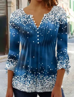 Women's T Shirt Plus Size Shirt T Shirt Henley Shirt Blouse Graphic Polka Dot Flower Basic Long Sleeve Round Neck Regular Tops Casual Weekend Buttons Print Denim Blue Grass Green Black Yellow Light