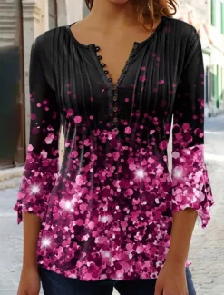 Women's T Shirt Plus Size Shirt T Shirt Henley Shirt Blouse Graphic Polka Dot Flower Basic Long Sleeve Round Neck Regular Tops Casual Weekend Buttons Print Denim Blue Grass Green Black Yellow Light