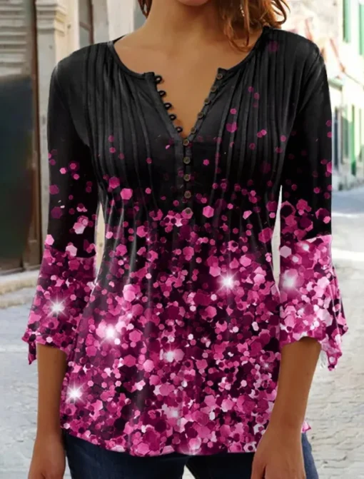 Women's T Shirt Plus Size Shirt T Shirt Henley Shirt Blouse Graphic Polka Dot Flower Basic Long Sleeve Round Neck Regular Tops Casual Weekend Buttons Print Denim Blue Grass Green Black Yellow Light