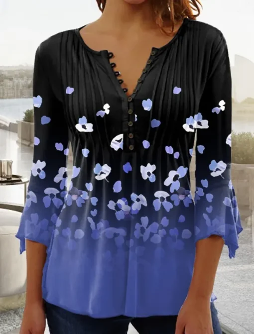 Women's T Shirt Plus Size Shirt T Shirt Henley Shirt Blouse Graphic Polka Dot Flower Basic Long Sleeve Round Neck Regular Tops Casual Weekend Buttons Print Denim Blue Grass Green Black Yellow Light
