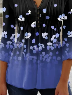 Women's T Shirt Plus Size Shirt T Shirt Henley Shirt Blouse Graphic Polka Dot Flower Basic Long Sleeve Round Neck Regular Tops Casual Weekend Buttons Print Denim Blue Grass Green Black Yellow Light