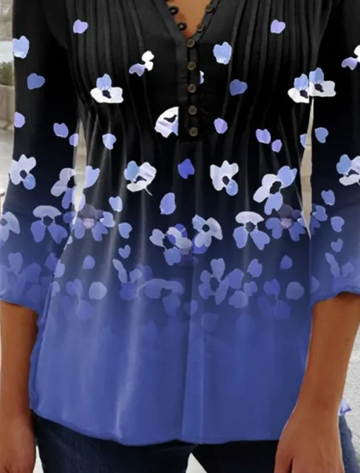 Women's T Shirt Plus Size Shirt T Shirt Henley Shirt Blouse Graphic Polka Dot Flower Basic Long Sleeve Round Neck Regular Tops Casual Weekend Buttons Print Denim Blue Grass Green Black Yellow Light