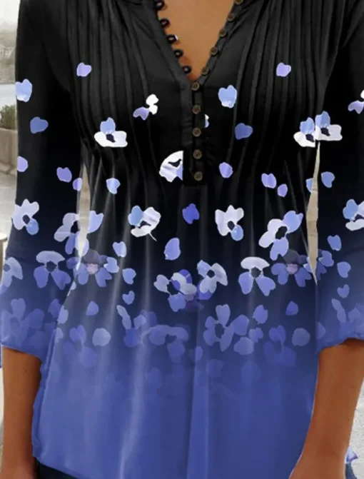 Women's T Shirt Plus Size Shirt T Shirt Henley Shirt Blouse Graphic Polka Dot Flower Basic Long Sleeve Round Neck Regular Tops Casual Weekend Buttons Print Denim Blue Grass Green Black Yellow Light
