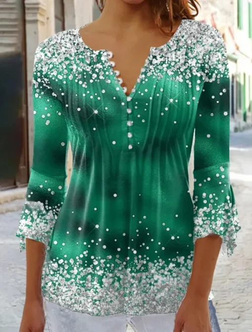 Women's T Shirt Plus Size Shirt T Shirt Henley Shirt Blouse Graphic Polka Dot Flower Basic Long Sleeve Round Neck Regular Tops Casual Weekend Buttons Print Denim Blue Grass Green Black Yellow Light