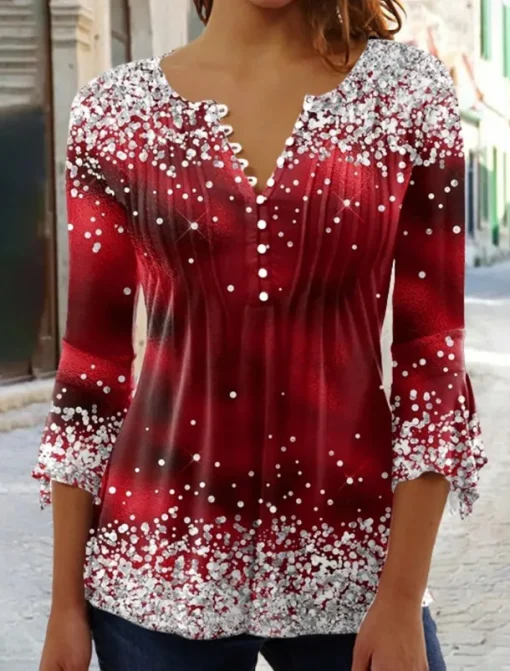 Women's T Shirt Plus Size Shirt T Shirt Henley Shirt Blouse Graphic Polka Dot Flower Basic Long Sleeve Round Neck Regular Tops Casual Weekend Buttons Print Denim Blue Grass Green Black Yellow Light