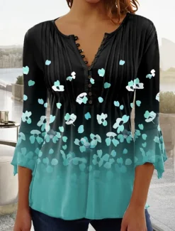 Women's T Shirt Plus Size Shirt T Shirt Henley Shirt Blouse Graphic Polka Dot Flower Basic Long Sleeve Round Neck Regular Tops Casual Weekend Buttons Print Denim Blue Grass Green Black Yellow Light