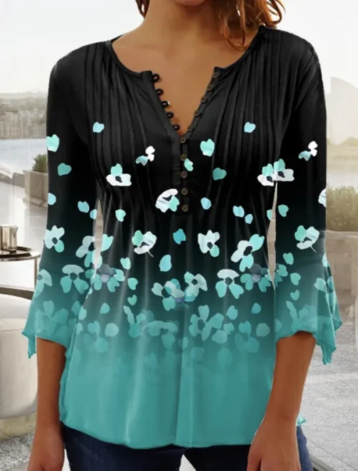 Women's T Shirt Plus Size Shirt T Shirt Henley Shirt Blouse Graphic Polka Dot Flower Basic Long Sleeve Round Neck Regular Tops Casual Weekend Buttons Print Denim Blue Grass Green Black Yellow Light