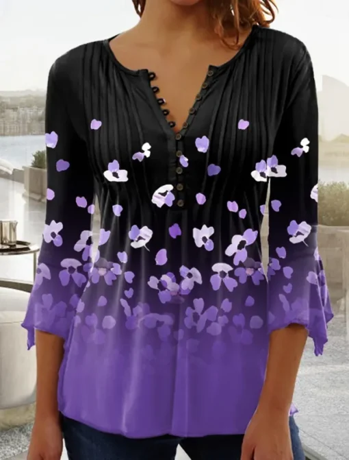 Women's T Shirt Plus Size Shirt T Shirt Henley Shirt Blouse Graphic Polka Dot Flower Basic Long Sleeve Round Neck Regular Tops Casual Weekend Buttons Print Denim Blue Grass Green Black Yellow Light