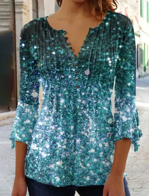 Women's T Shirt Plus Size Shirt T Shirt Henley Shirt Blouse Graphic Polka Dot Flower Basic Long Sleeve Round Neck Regular Tops Casual Weekend Buttons Print Denim Blue Grass Green Black Yellow Light