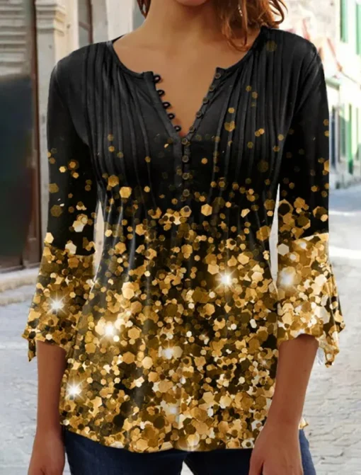 Women's T Shirt Plus Size Shirt T Shirt Henley Shirt Blouse Graphic Polka Dot Flower Basic Long Sleeve Round Neck Regular Tops Casual Weekend Buttons Print Denim Blue Grass Green Black Yellow Light