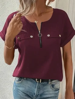 Women's T Shirt Solid Color Plain Fashion Modern Casual Short Sleeve Crew Neck Regular Tops Daily Weekend Zipper Buttons Black Wine Blue Purple Summer
