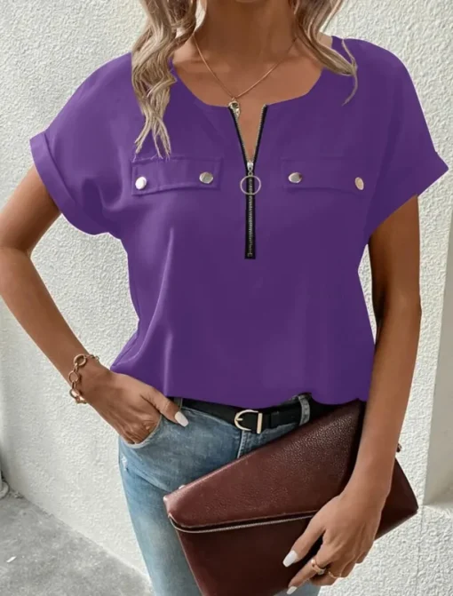 Women's T Shirt Solid Color Plain Fashion Modern Casual Short Sleeve Crew Neck Regular Tops Daily Weekend Zipper Buttons Black Wine Blue Purple Summer