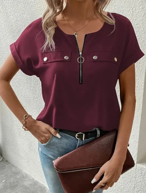 Women's T Shirt Solid Color Plain Fashion Modern Casual Short Sleeve Crew Neck Regular Tops Daily Weekend Zipper Buttons Black Wine Blue Purple Summer