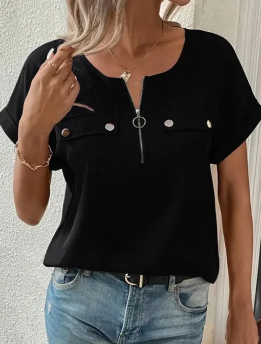 Women's T Shirt Solid Color Plain Fashion Modern Casual Short Sleeve Crew Neck Regular Tops Daily Weekend Zipper Buttons Black Wine Blue Purple Summer