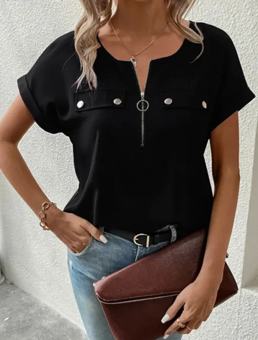 Women's T Shirt Solid Color Plain Fashion Modern Casual Short Sleeve Crew Neck Regular Tops Daily Weekend Zipper Buttons Black Wine Blue Purple Summer