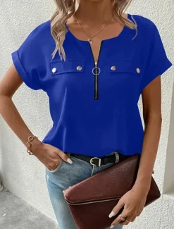 Women's T Shirt Solid Color Plain Fashion Modern Casual Short Sleeve Crew Neck Regular Tops Daily Weekend Zipper Buttons Black Wine Blue Purple Summer