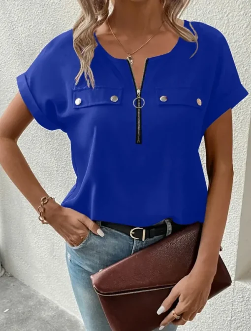 Women's T Shirt Solid Color Plain Fashion Modern Casual Short Sleeve Crew Neck Regular Tops Daily Weekend Zipper Buttons Black Wine Blue Purple Summer