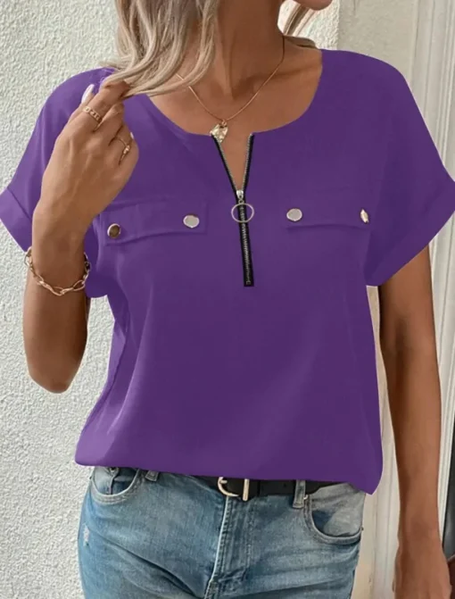 Women's T Shirt Solid Color Plain Fashion Modern Casual Short Sleeve Crew Neck Regular Tops Daily Weekend Zipper Buttons Black Wine Blue Purple Summer
