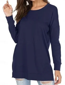Women's T Shirt Solid Color Daily Casual Long Sleeve Crew Neck Regular Tops Work Daily Patchwork Black White Blue Spring & Fall