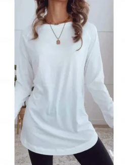 Women's T Shirt Solid Color Daily Casual Long Sleeve Crew Neck Regular Tops Work Daily Patchwork Black White Blue Spring & Fall