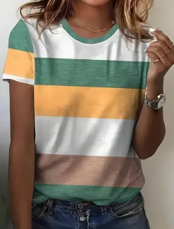 Women's T Shirt Striped Tropical Hawaiian Casual Short Sleeve Round Neck Regular Tops Daily Sports Going out Print Green Summer