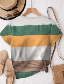 Women's T Shirt Striped Tropical Hawaiian Casual Short Sleeve Round Neck Regular Tops Daily Sports Going out Print Green Summer