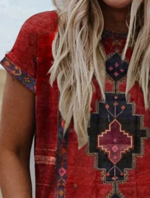 Women's T shirt Tee Red Graphic Tribal Patchwork Print Short Sleeve Casual Daily Basic Boho Ethnic Round Neck Regular S