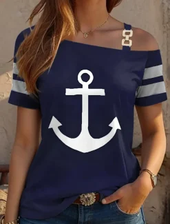 Women's T Shirt Tropical Hawaiian Casual Short Sleeve Asymmetric Neck Regular Tops Daily Sports Going out White Blue Summer Spring