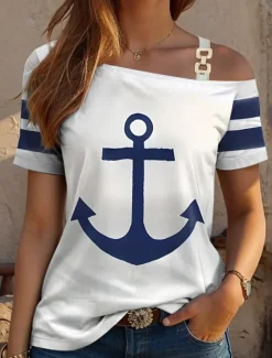 Women's T Shirt Tropical Hawaiian Casual Short Sleeve Asymmetric Neck Regular Tops Daily Sports Going out White Blue Summer Spring