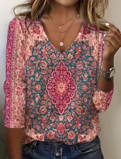 Women's T Shirt V Neck Long Sleeve Tunic Floral Vintage Elegant Vintage Regular Tops Daily Print Red Spring Fall