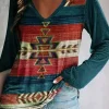 Women's T Shirt V Neck Long Sleeve Tunic Vintage Ethnic Print Regular Tops Vacation Daily Blue Spring Fall