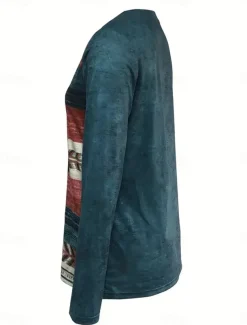 Women's T Shirt V Neck Long Sleeve Tunic Vintage Ethnic Print Regular Tops Vacation Daily Blue Spring Fall