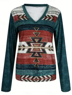 Women's T Shirt V Neck Long Sleeve Tunic Vintage Ethnic Print Regular Tops Vacation Daily Blue Spring Fall