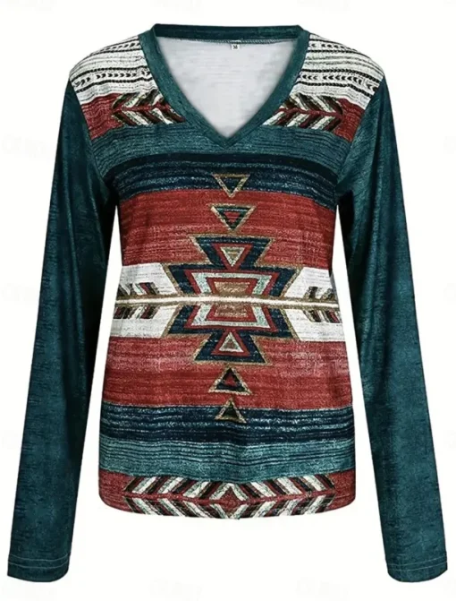 Women's T Shirt V Neck Long Sleeve Tunic Vintage Ethnic Print Regular Tops Vacation Daily Blue Spring Fall
