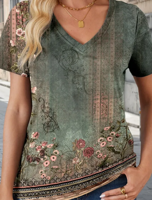 Women's T Shirt Vintage Casual Short Sleeve V Neck Regular Tops Daily Print Army Green Summer Spring