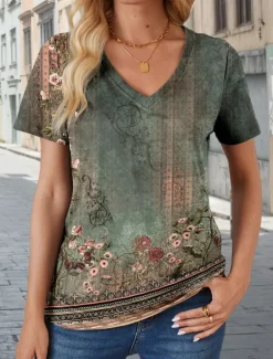 Women's T Shirt Vintage Casual Short Sleeve V Neck Regular Tops Daily Print Army Green Summer Spring