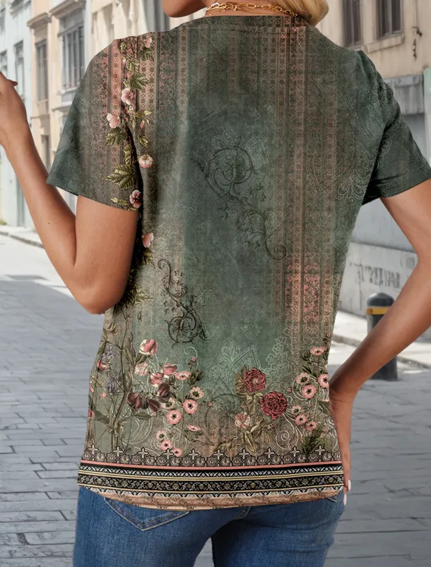 Women's T Shirt Vintage Casual Short Sleeve V Neck Regular Tops Daily Print Army Green Summer Spring